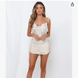 White Drawstring Ruched Cowl Neck Satin Mini Slip Dress